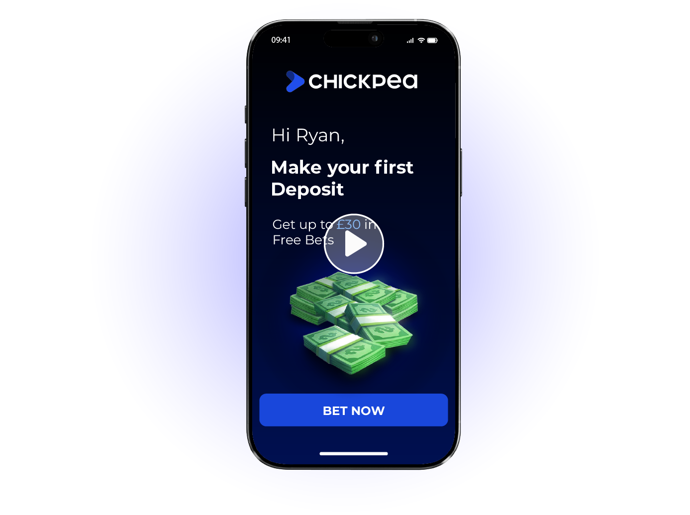Personalised first-deposit video for Ryan on a phone